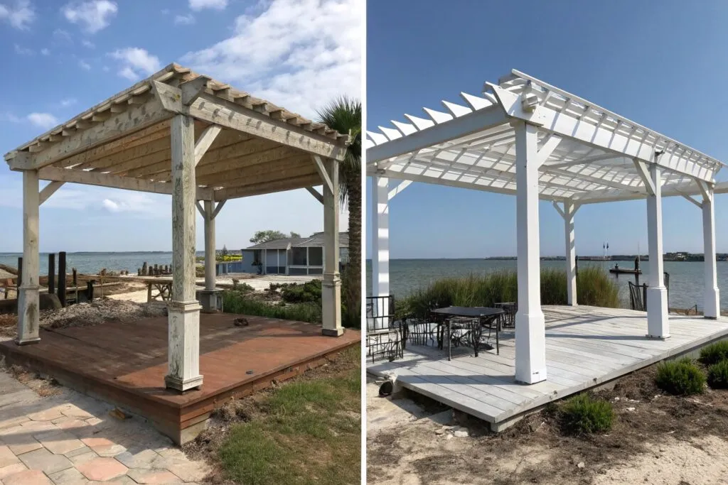 Before-and-after comparison of standard versus premium pergola materials in Burleigh Waters coastal conditions over time
