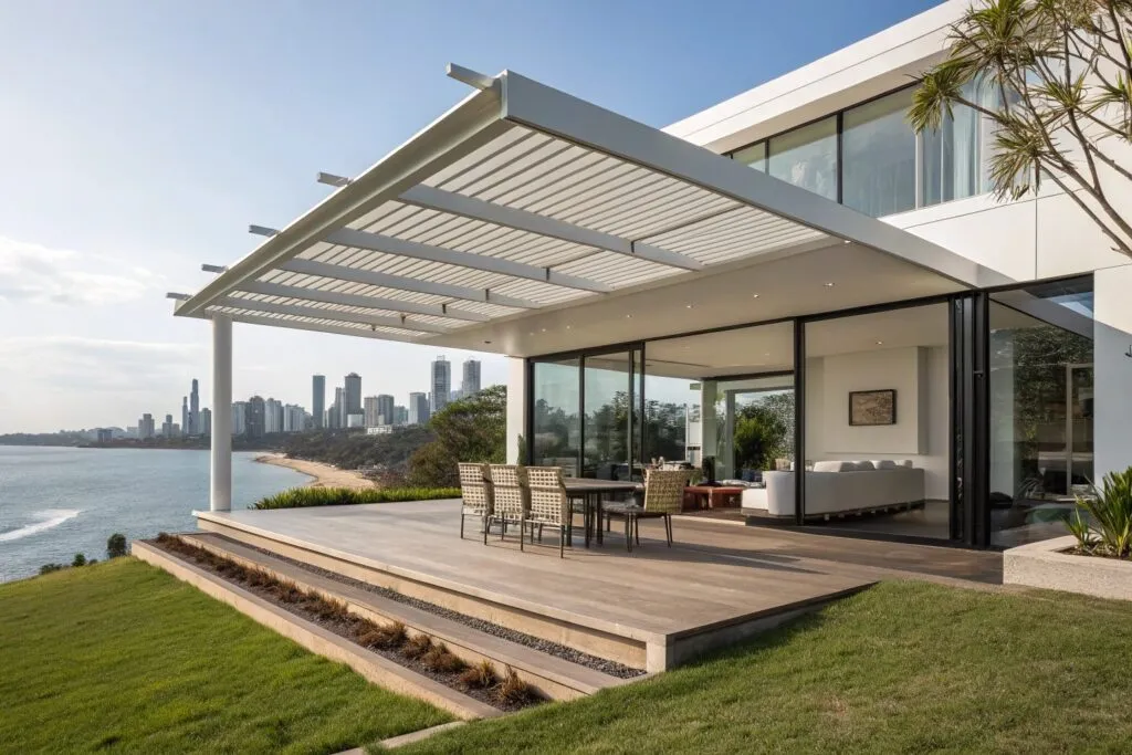 Cantilevered pergola with clean lines extending fr