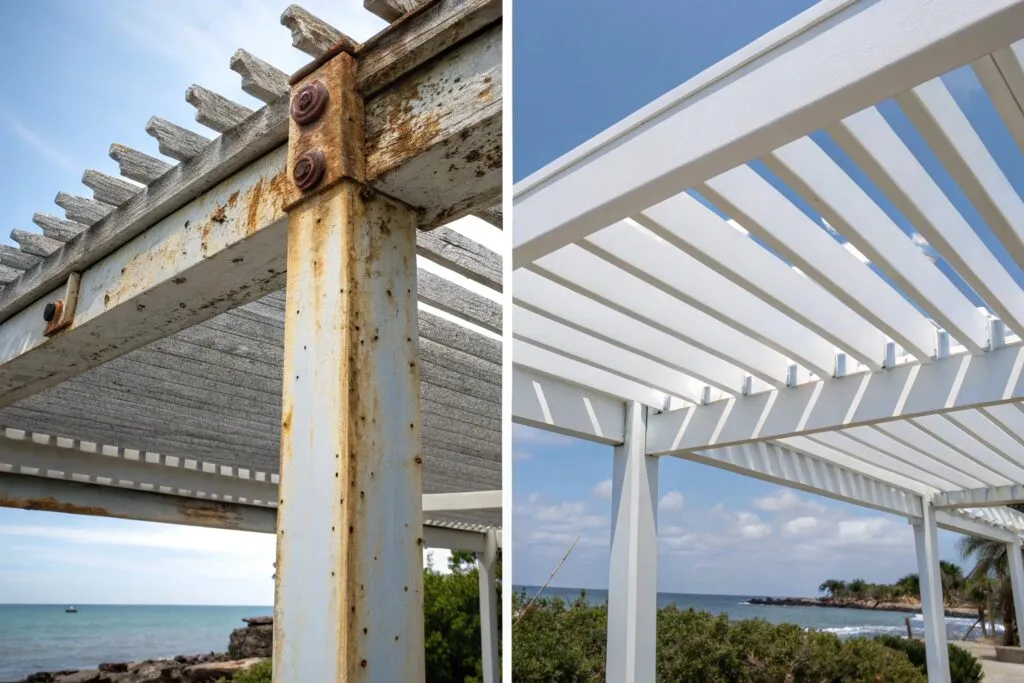Side-by-side comparison showing marine-grade aluminium pergola materials (left) versus standard materials (right) after 5 years of Gold Coast coastal exposure