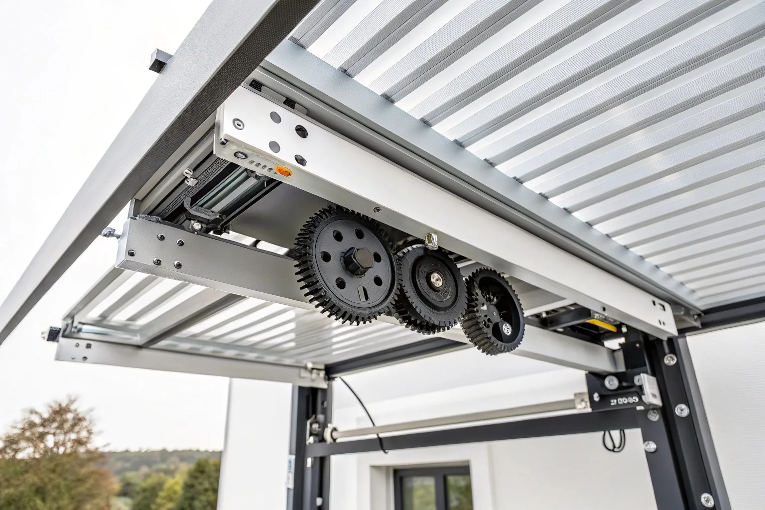 Close-up of automated aluminium pergola louvres opening and closing