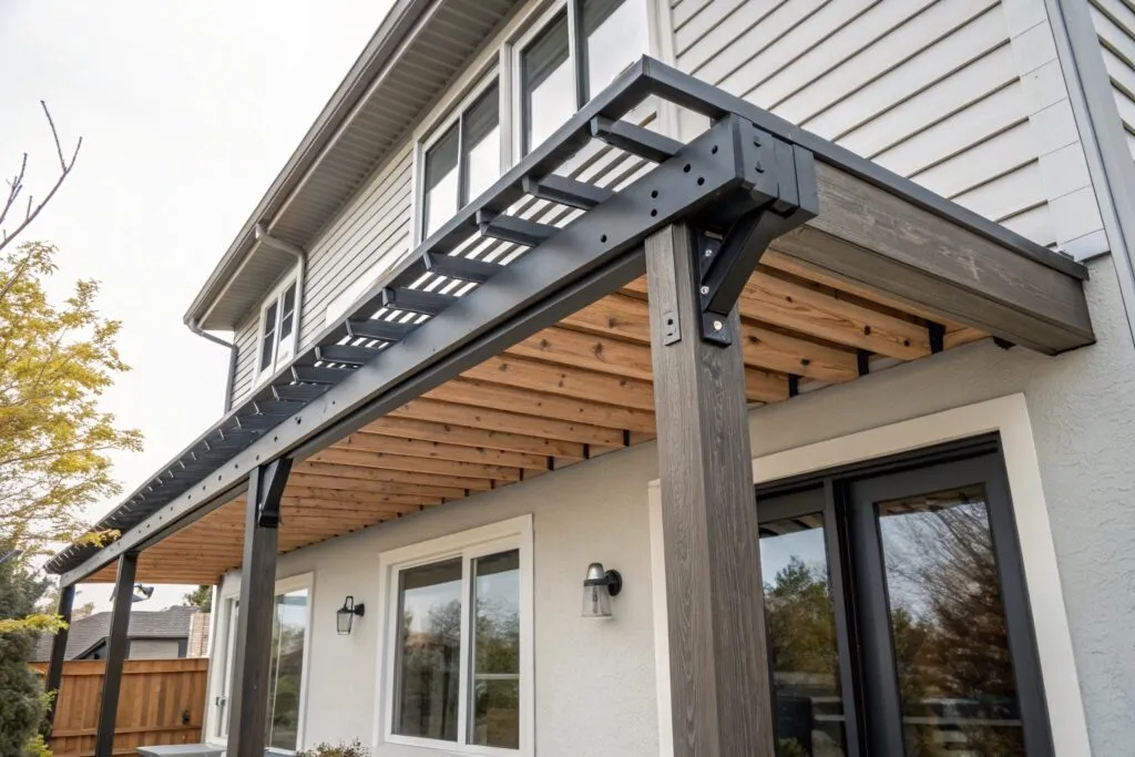 Close up detail of pergola attachment methods to a