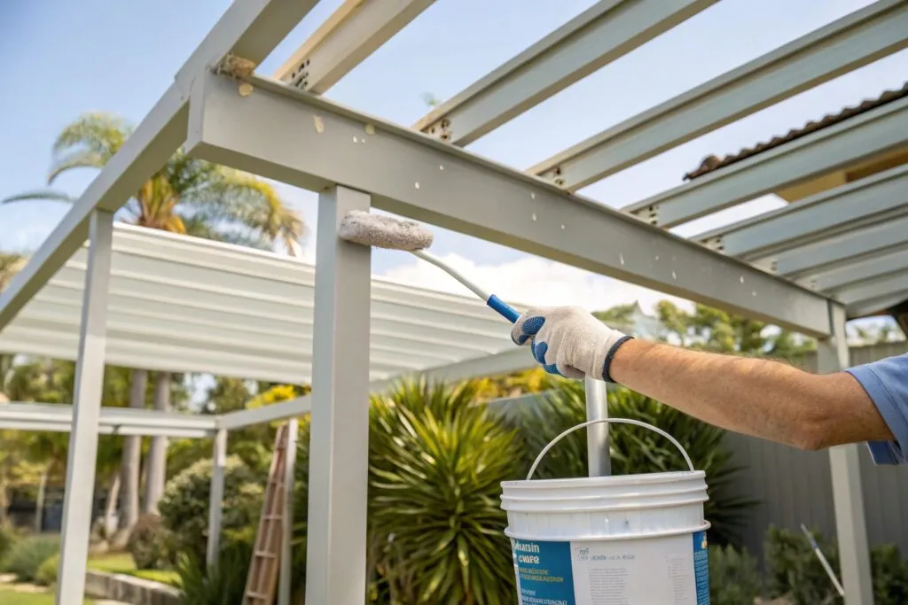 Regular maintenance being performed on aluminium pergola joint with appropriate cleaning tools, illustrating the simple upkeep requirements that extend pergola lifespan in Gold Coast's challenging coastal climate