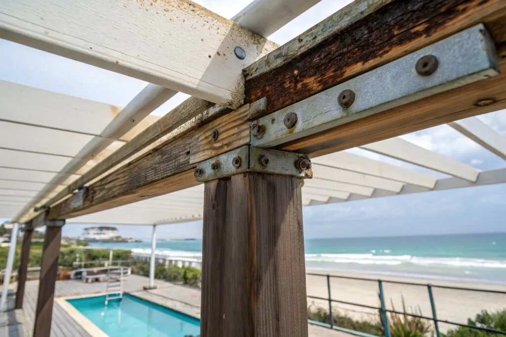Pergola weather damage from coastal conditions including salt corrosion and UV exposure near Gold Coast beach