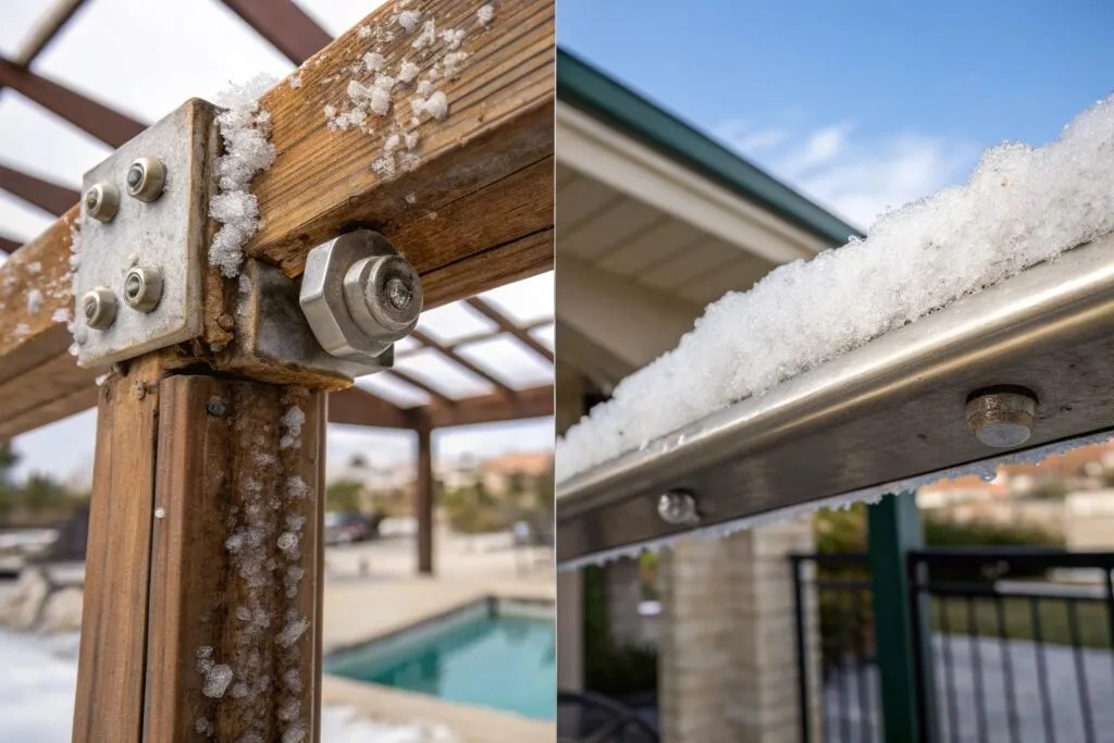 Microscopic view comparing salt corrosion damage on standard versus marine-grade stainless steel pergola fixtures after exposure to Burleigh Waters coastal conditions
