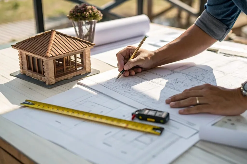 Builder reviewing architectural plans for a pergola project
