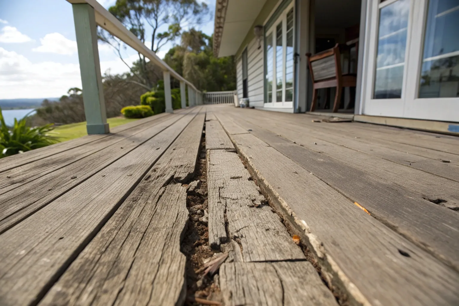 Damaged deck boards requiring repair on Gold Coast coastal property