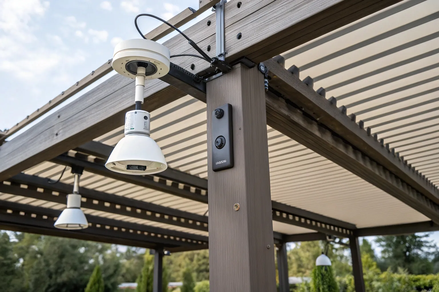 Close-up of a smart aluminium pergola's motorised louvre roof and weather sensor controls