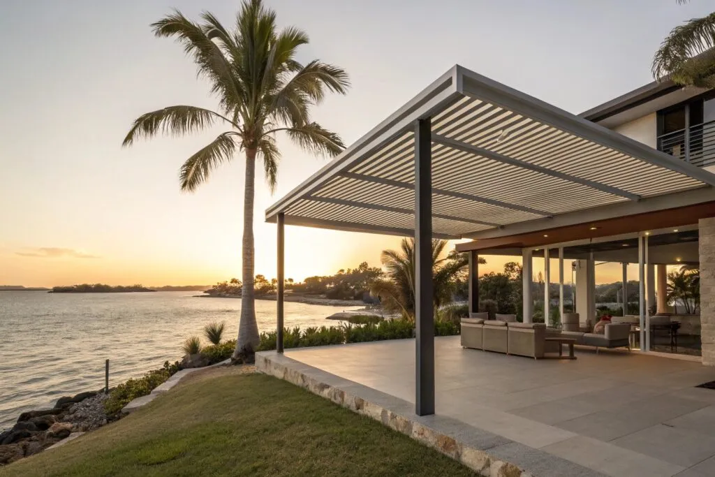 Marine-grade aluminium pergola with louvred roof in Burleigh Waters coastal setting, demonstrating superior durability against salt air