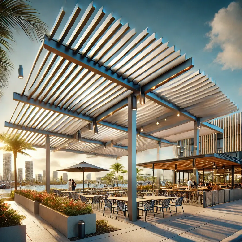 A modern commercial pergola on the Gold Coast with adjustable aluminium louvres, rain gutters, and automated sensors, providing weather protection for an outdoor café under a cloudy sky.