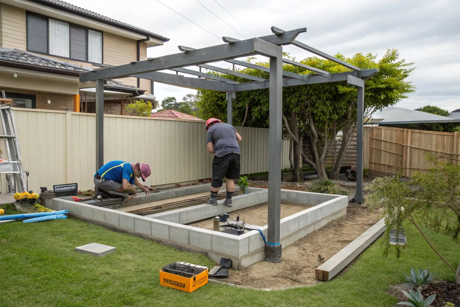 Construction workers installing pergola roof beams during a Gold Coast build