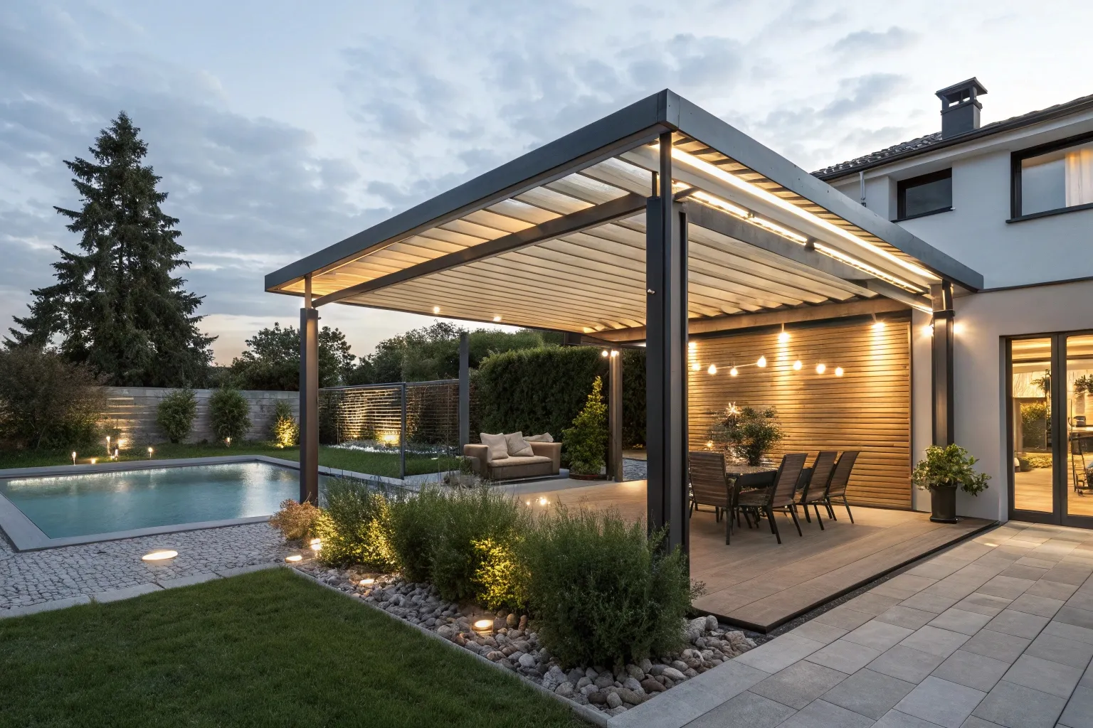 Contemporary hybrid pergola design featuring alumi