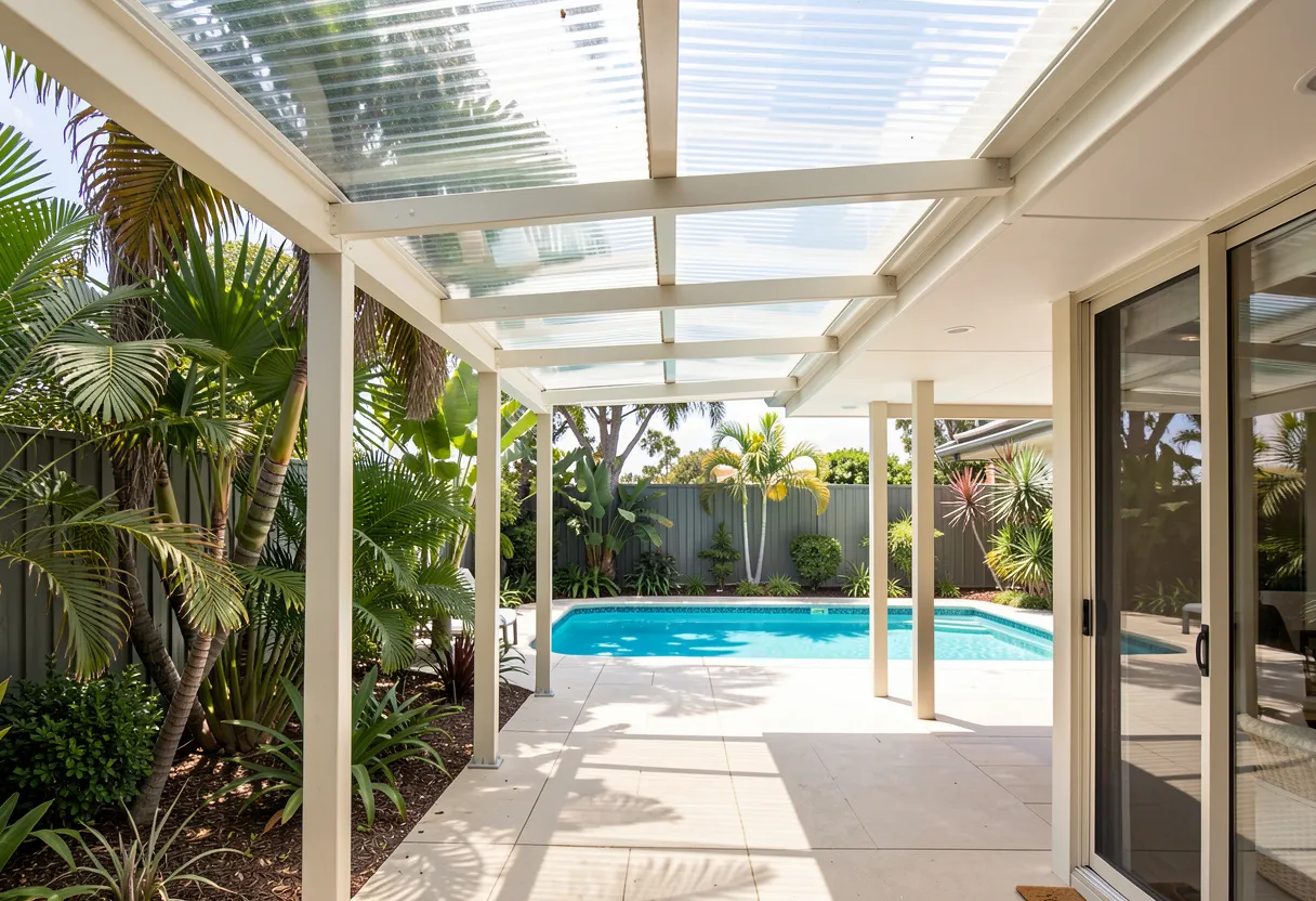 covered walkway leading to a backyard pool area