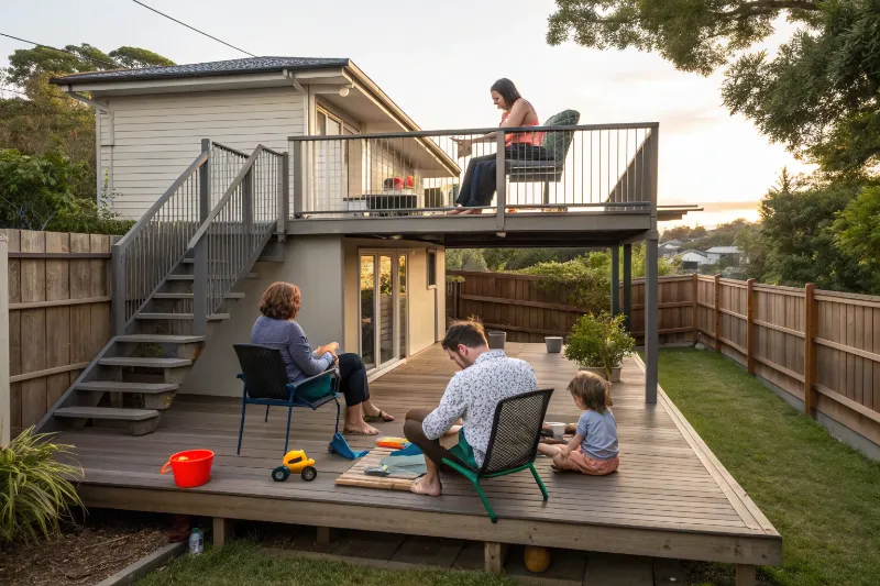 Family using different levels of modest backyard deck with parents on upper tier and children playing below