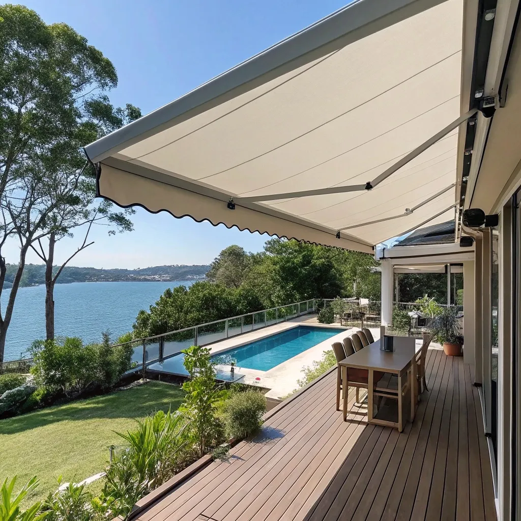 Folding arm awnings provide flexible coverage for decks, patios, and poolside areas