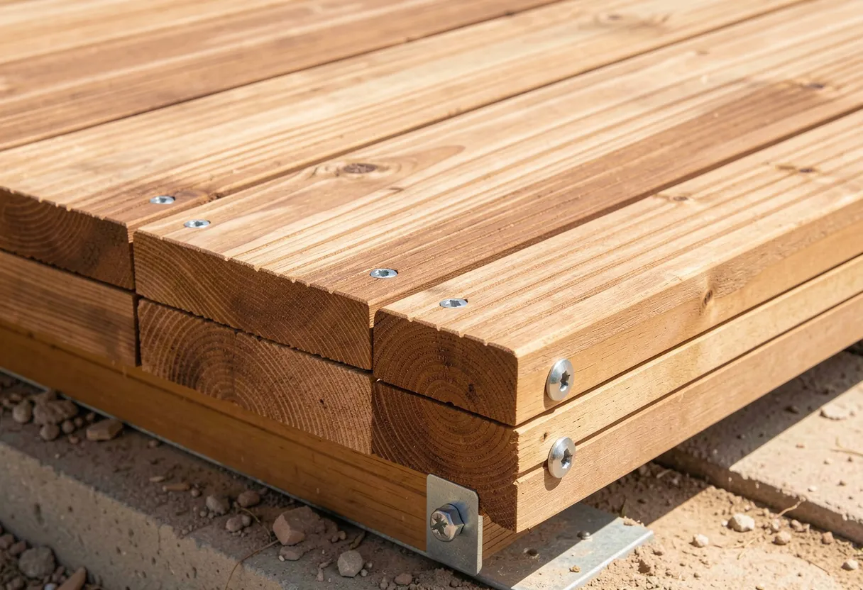 Close-up construction detail of timber decking boards being installed
