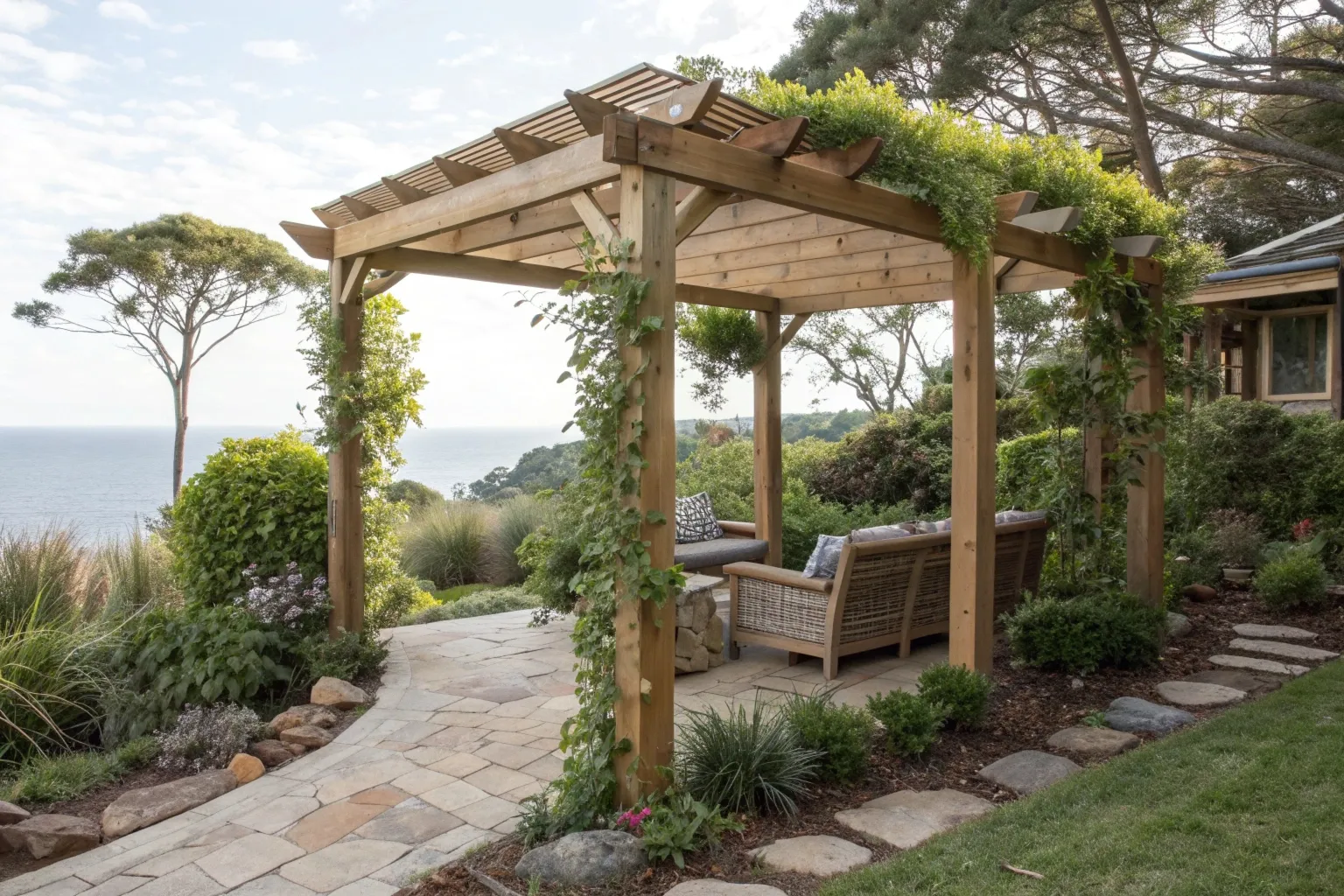 Freestanding timber pergola with climbing plants in Gold Coast garden