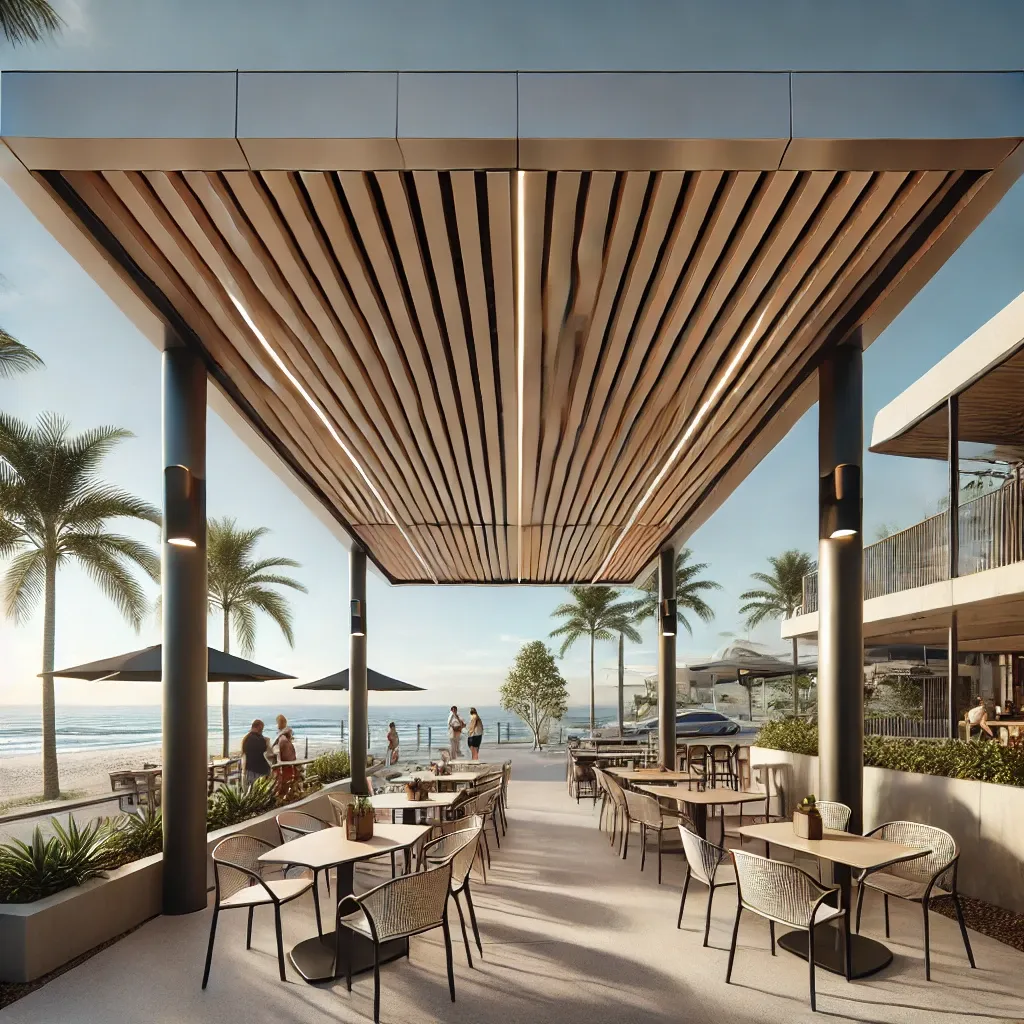 A modern commercial pergola in a coastal Gold Coast café, made of marine-grade aluminium with timber accents, featuring clean lines, automated weather sensors, and integrated LED lighting, with palm trees and ocean views in the background.