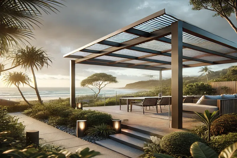 A modern pergola in a coastal backyard on the Gold Coast, featuring durable powder-coated aluminum and UV-resistant polycarbonate roofing, surrounded by greenery with an ocean view in the background.