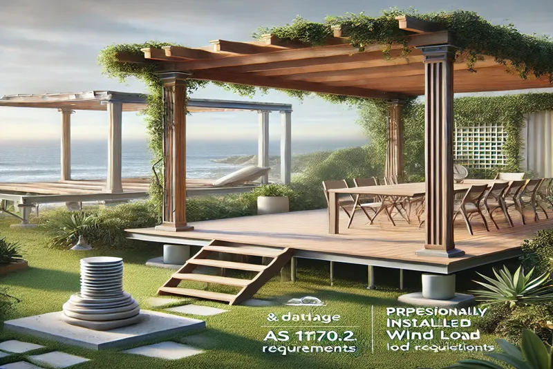 Three pergolas in a Gold Coast coastal setting showcasing common issues: one with visible salt air damage, another improperly installed with leaning and footing problems, and a professionally built aluminum pergola compliant with AS 1170.2 wind load standards, surrounded by a landscaped garden and ocean backdrop.