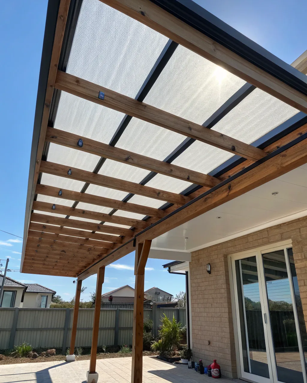 Ground level view looking up at a pergola roof s