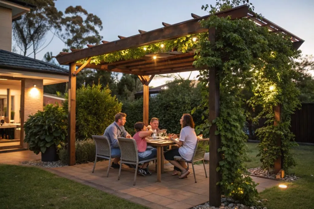 Family enjoying dinner under a vine-covered timber pergola at dusk