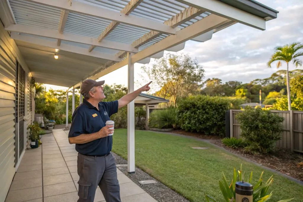 Homeowner conducting monthly pergola inspection checklist in Burleigh Waters looking for maintenance issues