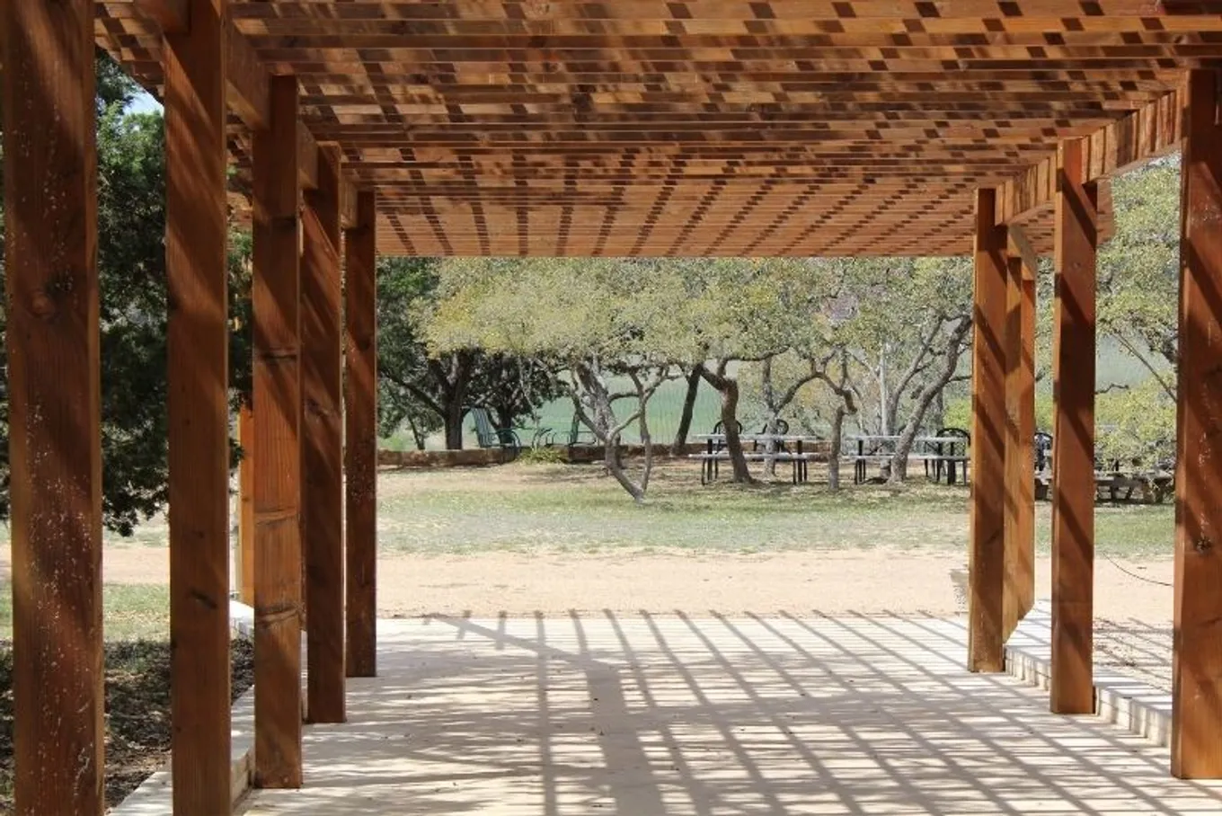 Timber pergola furnished with outdoor seating and decor