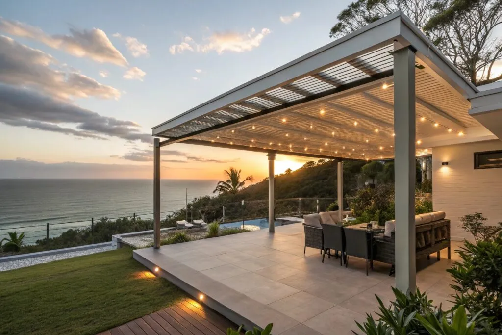 Gold Coast storm front approaching with cyclone-rated pergola in protective mode, demonstrating wind-resistant features in action