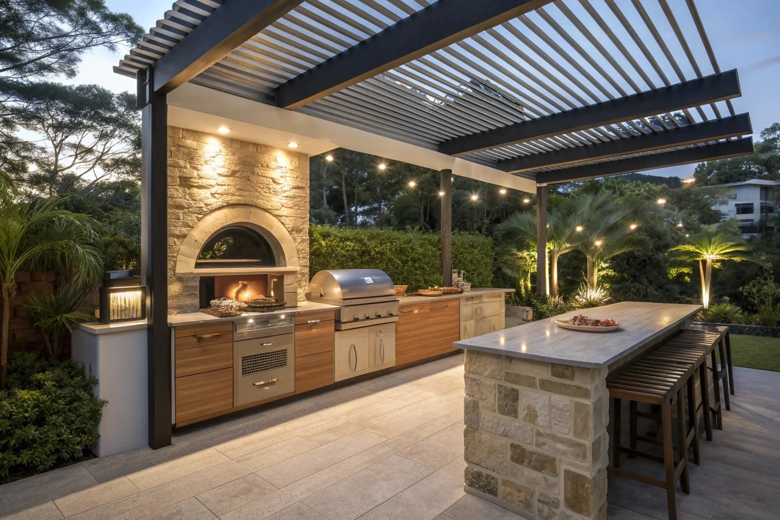 Covered outdoor kitchen with pizza oven and BBQ under louvred pergola Gold Coast