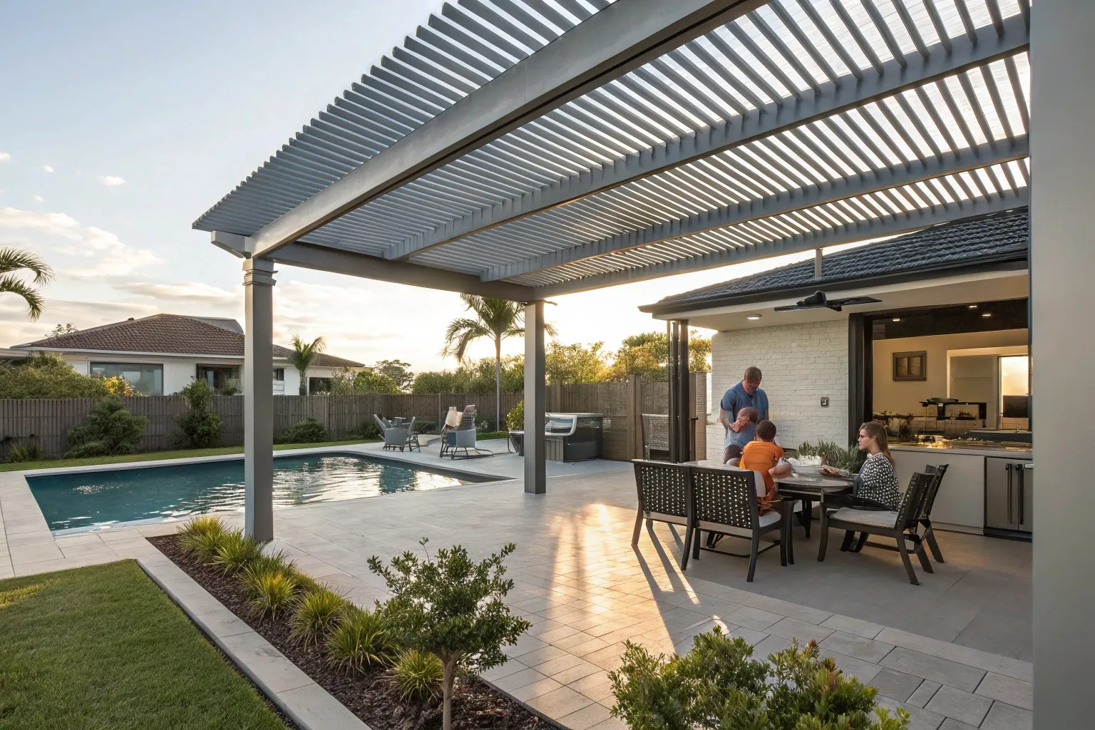 Luxury outdoor living space under a composite perg