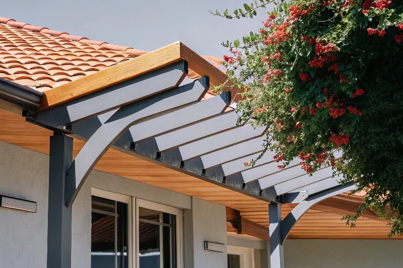 Mediterranean-style wooden pergola with curved beams covered in pink bougainvillea flowers, complementing Spanish villa architecture on the Gold Coast