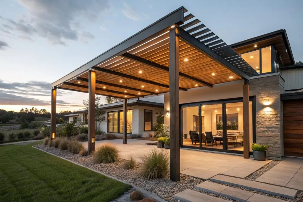 Mixed material pergola using timber beams and steel posts that perfectly matches a modern home's architecture, showing seamless roof attachment, photographed at sunset with integrated LED lighting