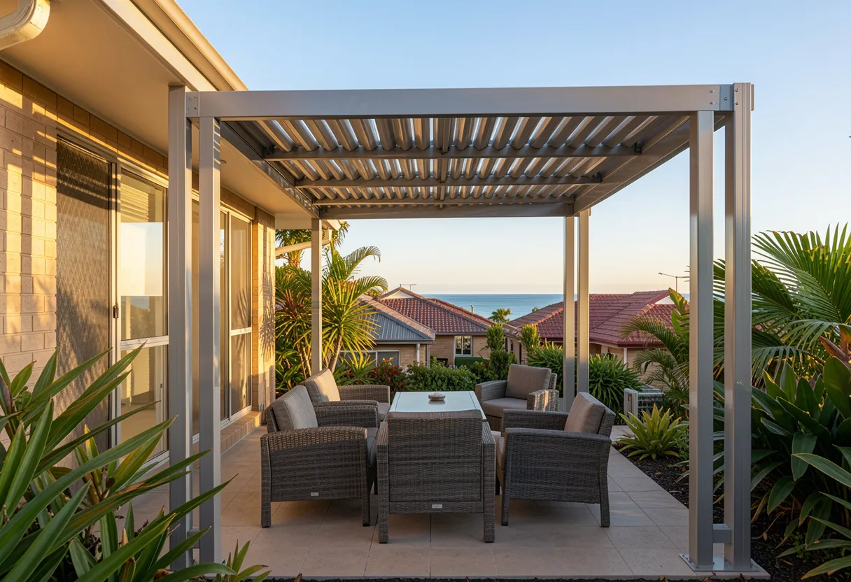 modern aluminium pergola with a louvre roof attached to a coastal Australian home in Coolangatta
