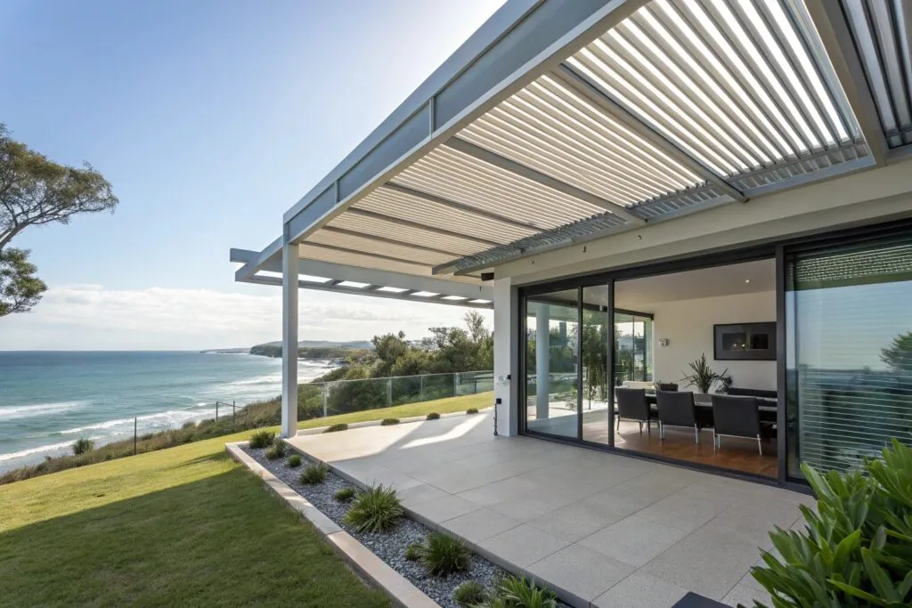 Modern aluminum pergola with adjustable louvered r