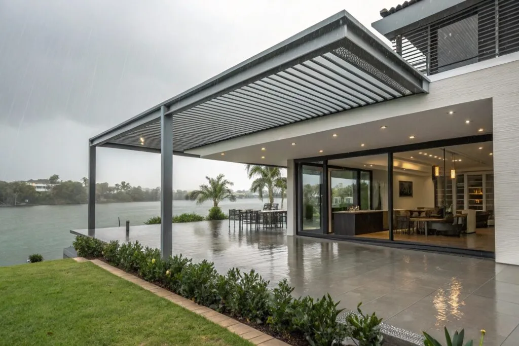 Automated louvered pergola roof closing during Gold Coast rainstorm, keeping outdoor furniture dry while offering ocean views