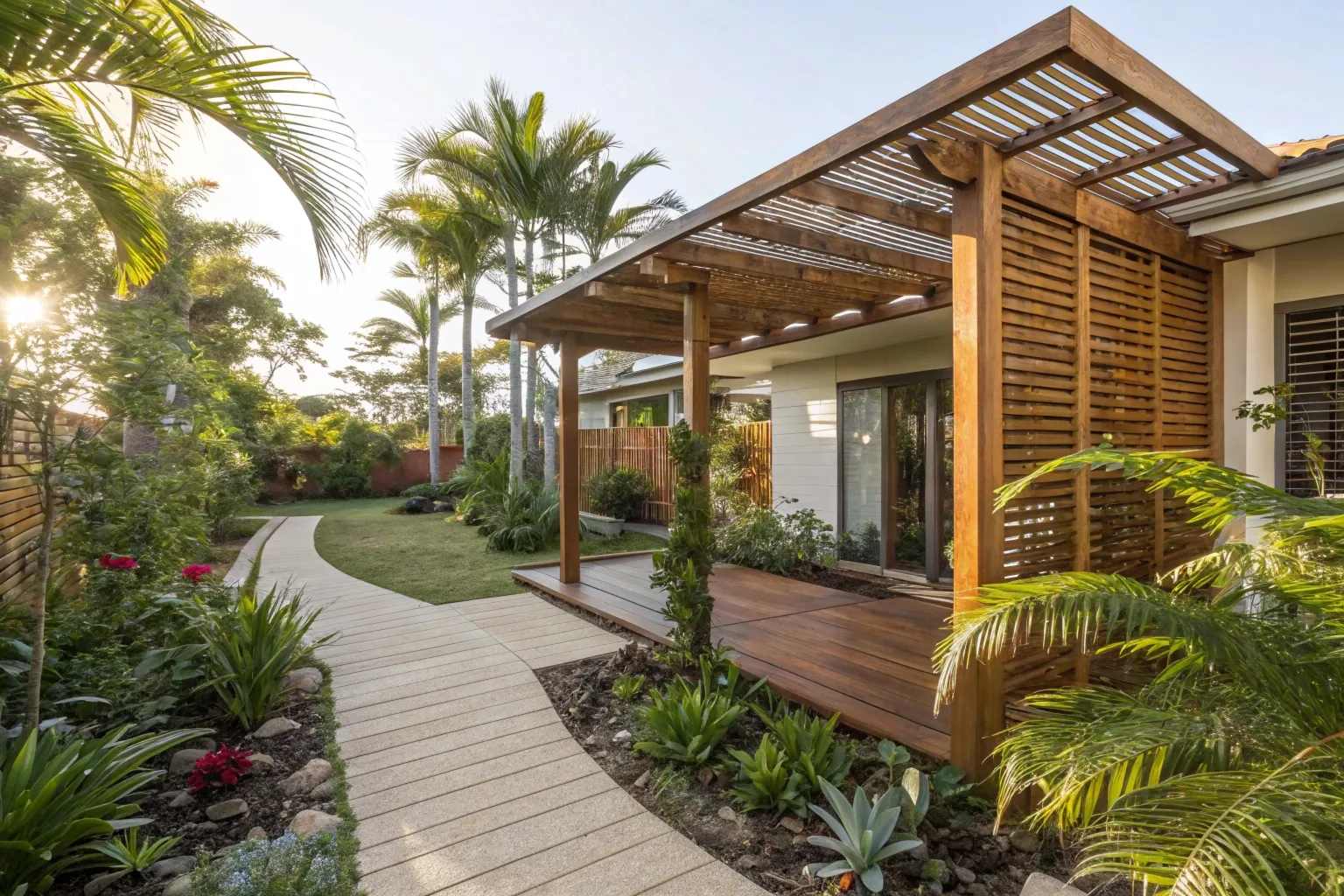 Timber pergola privacy screens installed on Gold Coast outdoor entertaining area