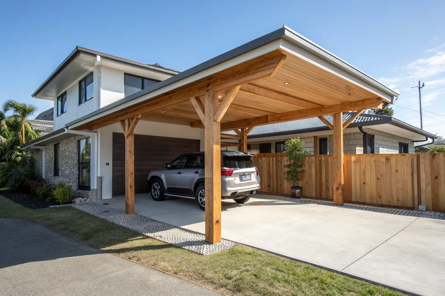 Modern australian home with timber post single car