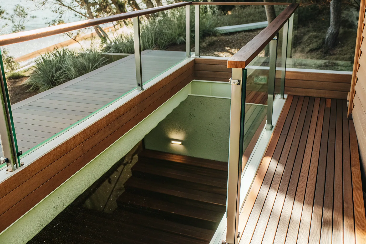 Modern elevated timber deck with compliant glass p
