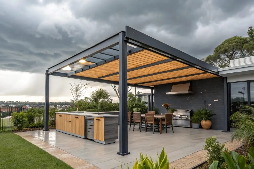 Hybrid pergola featuring aluminum frame with timber accents protecting outdoor entertainment area during approaching storm, showcasing effective weather resistance ideal for Robina's unpredictable climate conditions
