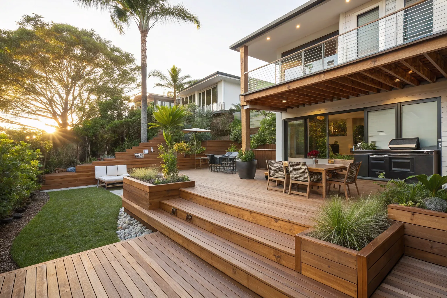Modern multi level timber deck with built in plant