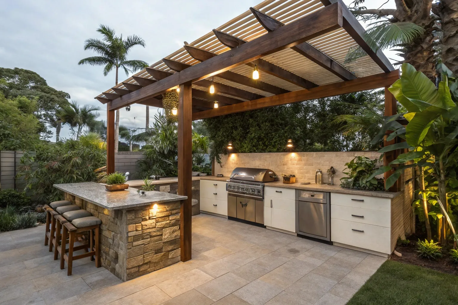 Outdoor kitchen pergola Gold Coast with timber frame and stone benchtops