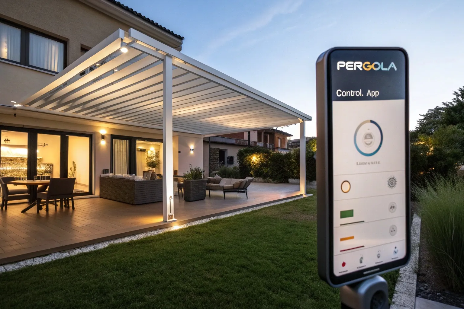 Modern smart pergola with integrated technology in