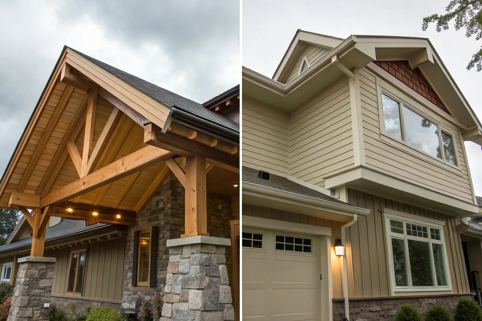 Side-by-side comparison of open raftered eaves and closed eaves designs on Gold Coast homes