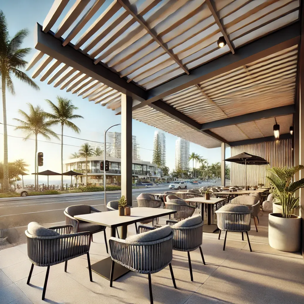 A stylish outdoor dining area with a modern pergola on the Gold Coast, featuring adjustable louvres, comfortable seating, and a relaxed, sunlit atmosphere with palm trees in the background.
