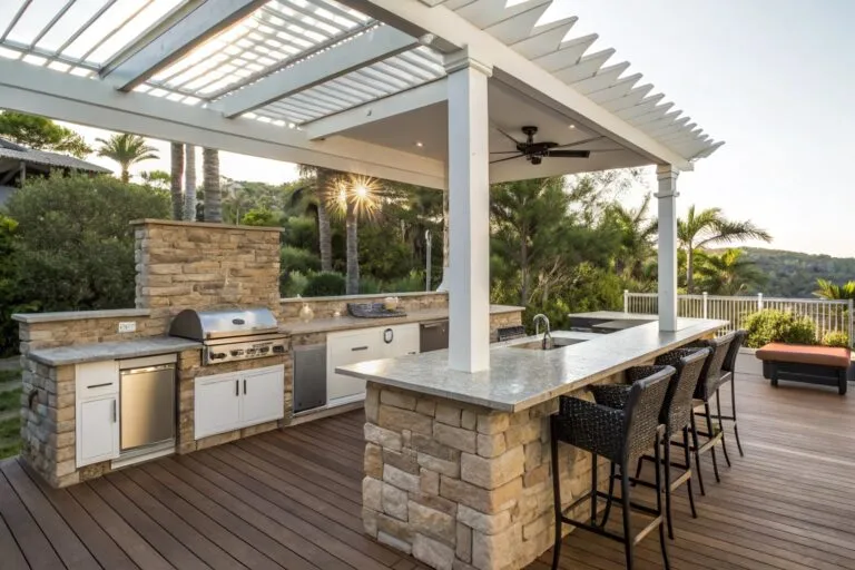 Sleek contemporary pergola with clean aluminium lines over an outdoor kitchen deck