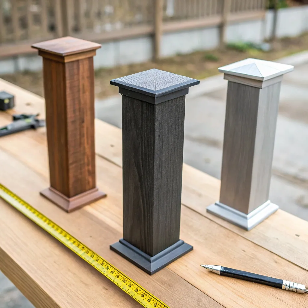 Timber, aluminium and steel pergola post samples compared side by side