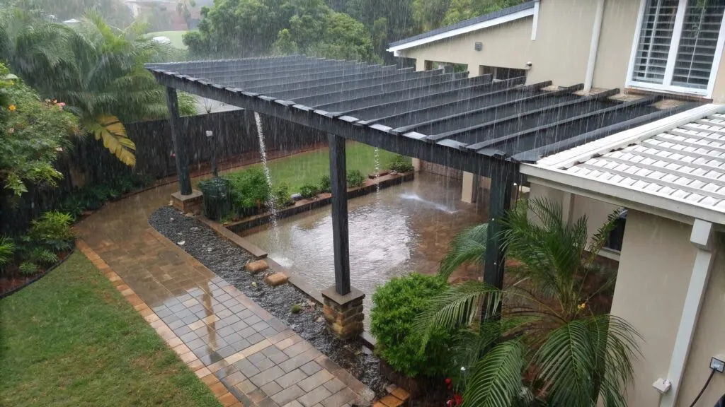 Pergola with comprehensive gutter