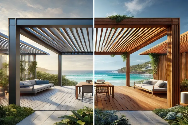 A side-by-side comparison of aluminum, marine-grade steel, and hardwood pergolas in a Gold Coast coastal setting, highlighting their unique features and durability against a backdrop of greenery and ocean views.