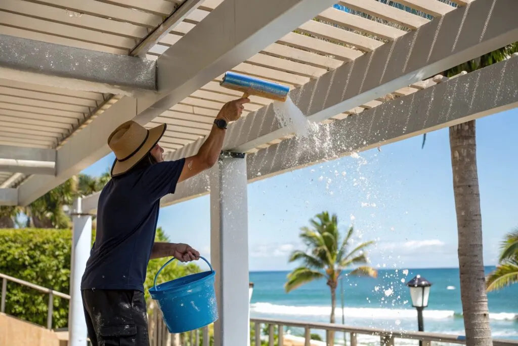 Monthly maintenance of coastal pergola in Broadbeach showing proper salt removal technique to prevent corrosion