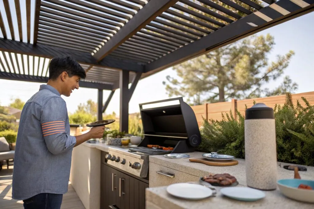 Homeowner using voice control to adjust smart pergola while cooking outdoors in Nerang